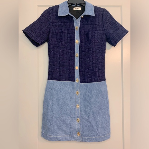 NWT Sandro Brooke Mixed Media Shirt Dress Size US 2 / FR 34 Blue Tweed and Denim - Picture 4 of 16